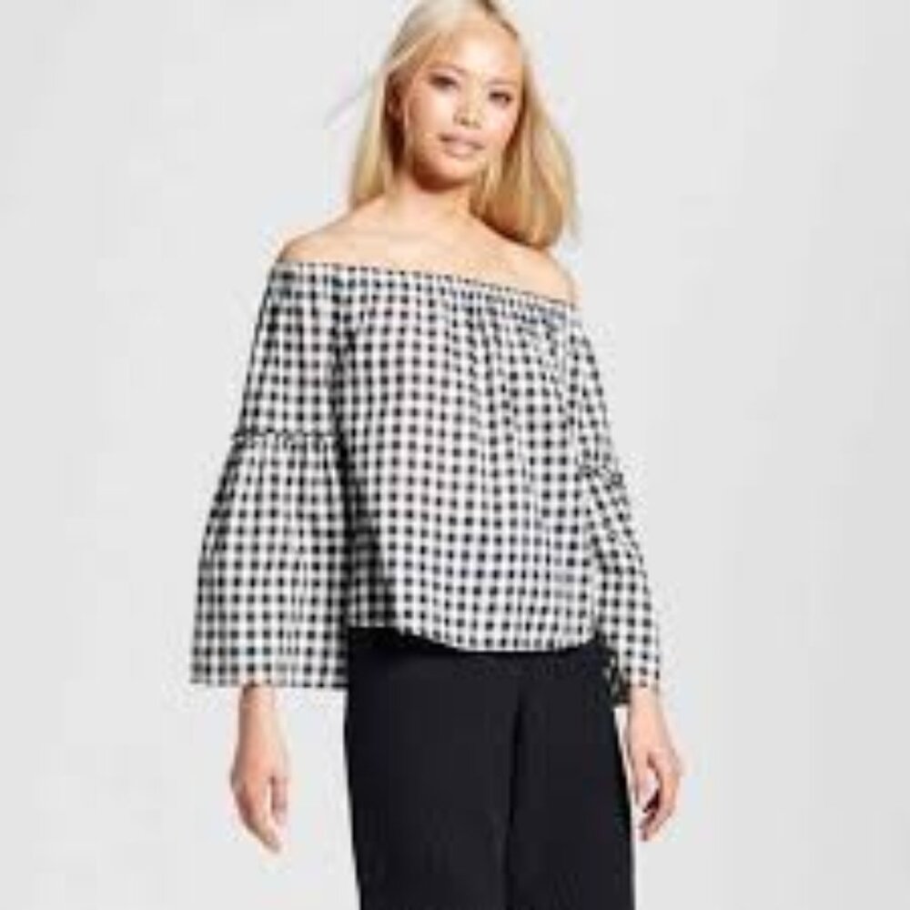 WHO WHAT WEAR BLACK WHITE GINGHAM OFF THE SHOULDER TOP 100% COTTON SIZE M